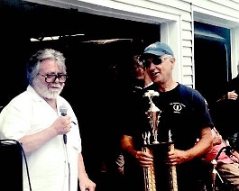 2019 Cadillac LaSalle Show Best Cadillac Winner 2 Dick Shappy presenting Best Of Show (Cadillac) trophy to Mike Goldbladt from Norwhich Connecticut for his 1927 Cadillac Convertible Coupe.