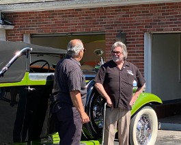 2022 Cruising New England with Paul Mennett 2022-07-10 2543 Paul Mennett with Dick standing next to Dick's 1931 Cadillac V-16 Custom Victoria Body by Lansfield of London.