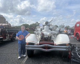 2023 Society for the Preservation and Appreciation of Antique Motor Fire Apparatus in America 8723 Dick Shappy wins "Most Original Apparatus" award for his 1939 Ahrens Fox HT Hercules truck.