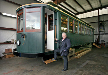 Dick Shappy boarding 1911 Osgood Bradley Trolley