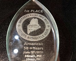 2021ossipeevalley 4324 Beautiful glass etched First Place trophy awarded at the Antique Motorcycle Show and Swap Meet, Ossipee Valley Fairgrounds in Hiram, Maine on June 27, 2021.