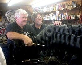 1911 Cadillac Model 30 Demi Tonneau 758 Dick Shappy (right) inspecting the fine diamond tufting upholstery job being done by Loren Burch (left).
