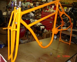 1911 Flying Merkel 50-50 V-Twin DSC01476 Newly painted loop frame, front forks, and rear stand ready for the engine,wheels, and gas tank.