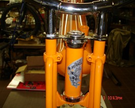 1911 Flying Merkel 50-50 V-Twin DSC01541 Front forks complete with new nickel plated parts and decal.