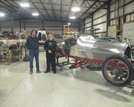 2016-12-23 1918 Revere Duesenberg Racer IMG_1401 Wray Schelin (l) and Dick Shappy pose with the 1918 ReVere Duesenberg Racer at the Pro Shaper garage in Charlton, Massachusetts December 23, 2016.