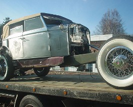 1934 Duesenberg Model J-505 Convertible Sedan Body by Derham DSC00417 Fenders, hood, and other body parts have been removed, and the car is being moved to the paint shop.